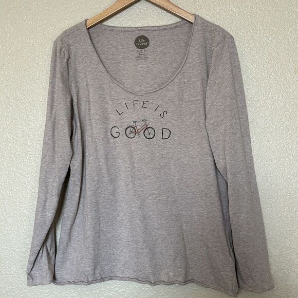 Life Is Good Smooth Tee Fitted Longsleeve Large Bicycle Oatmeal Rolled Hems - Picture 1 of 5